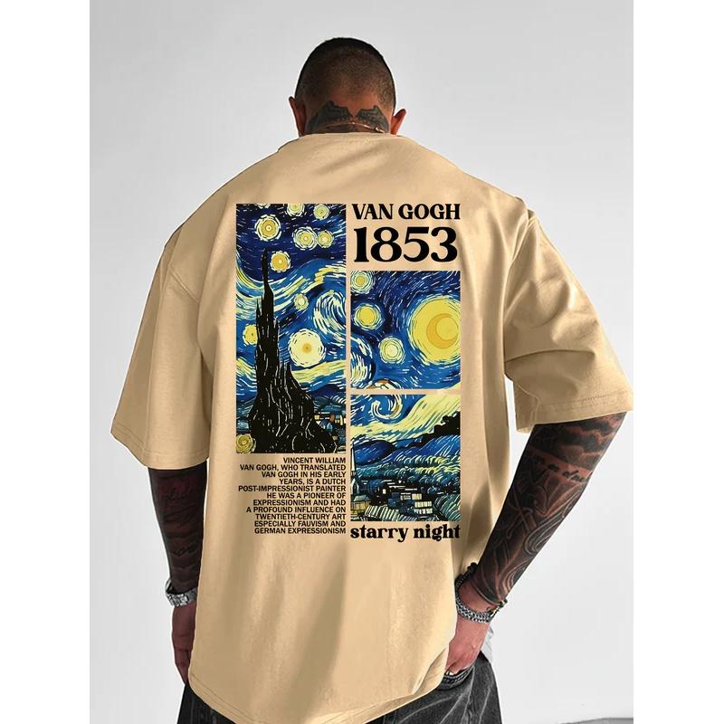 Men's summer 100% pure cotton fashionable casual loose tribute Van Gogh famous painting printed round neck short sleeved T-shirt