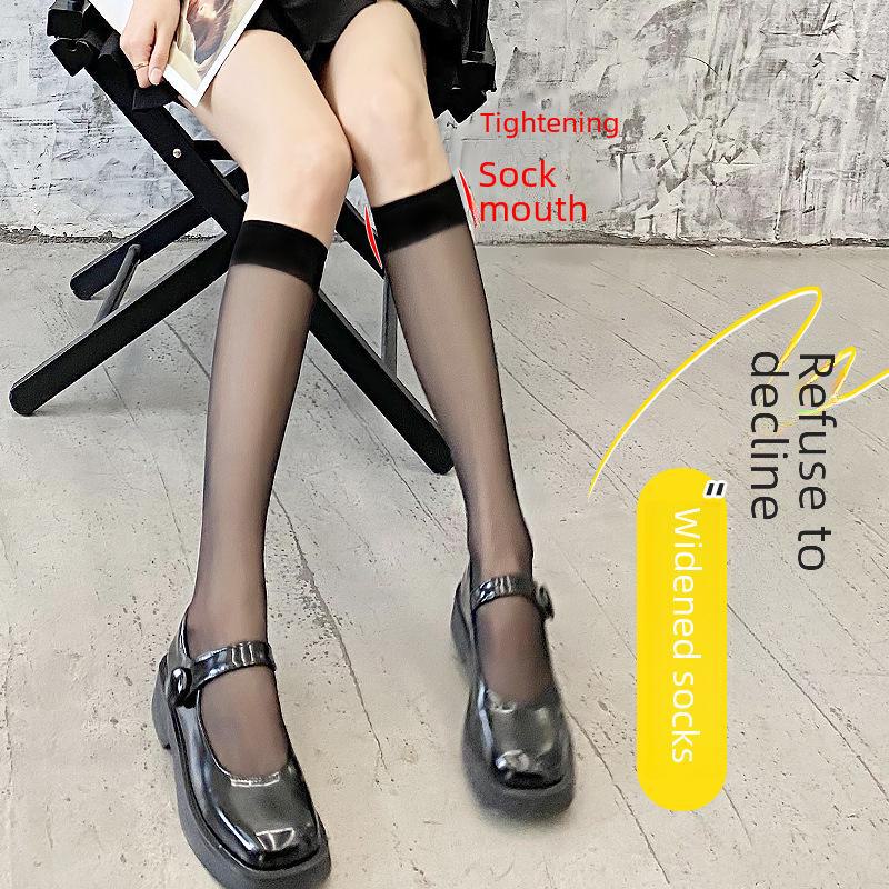 Women's Black Anti-Snag Mid-Calf Stockings - Trendy Japanese-Style Over-the-Knee Thin Summer Socks
