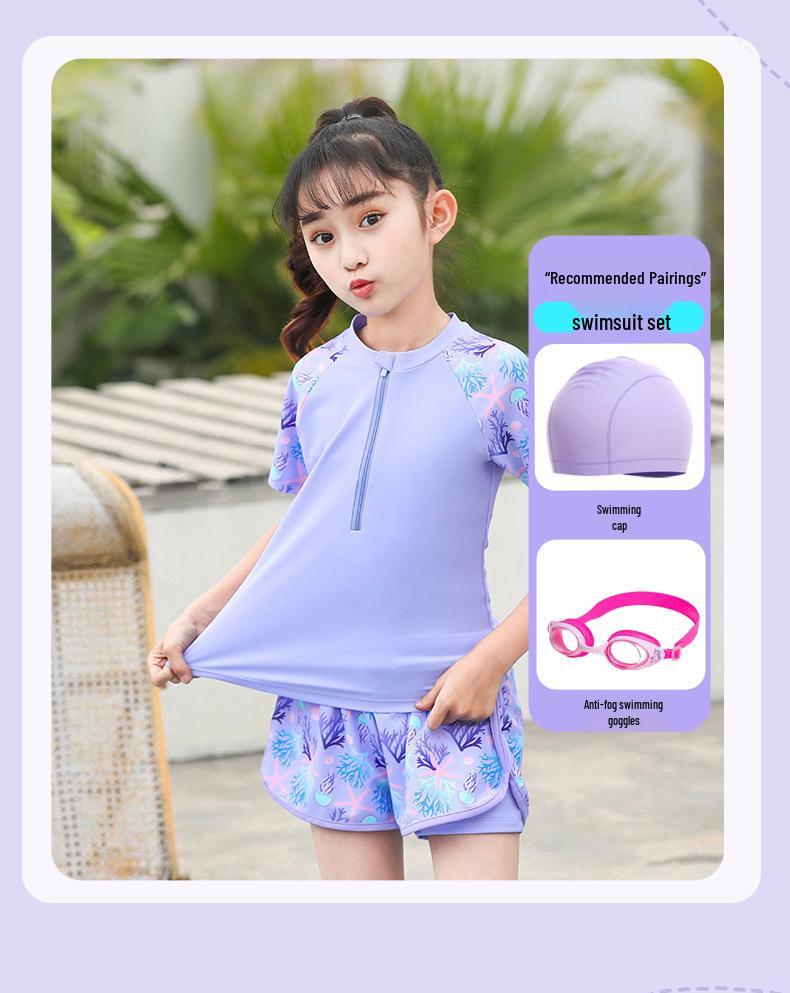 2025 New Japanese Floral Girls' Swimsuit Set with Swim Cap for Training