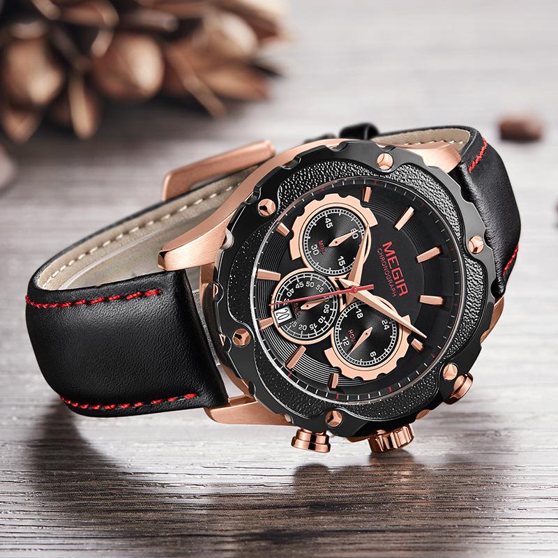 Men'S Watch, Trend Multifunctional Chronograph Calendar Leather Sports Quartz Watch Men'S 2070