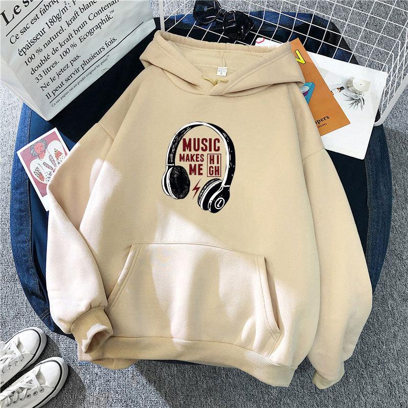 Ladies Spring Autumn Casual Sports Hooded Long Sleeve Big Pocket Headset Printed Pullover Hoodies Sweatshirt Top