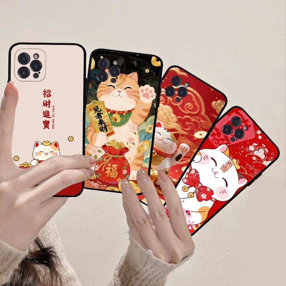 Custodia per Telefono Gatto Portafortuna Per iPhone 16 15 14 13 12 Mini 11 Pro XS Max X XR SE 6 7 8 Plus Copertura Morbida in Silicone
