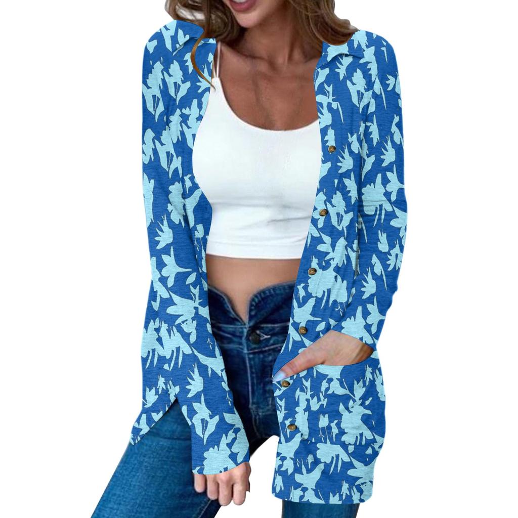 Women's Casual Fashion Floral Print Long Sleeve Mid-Length Cardigan Jacket