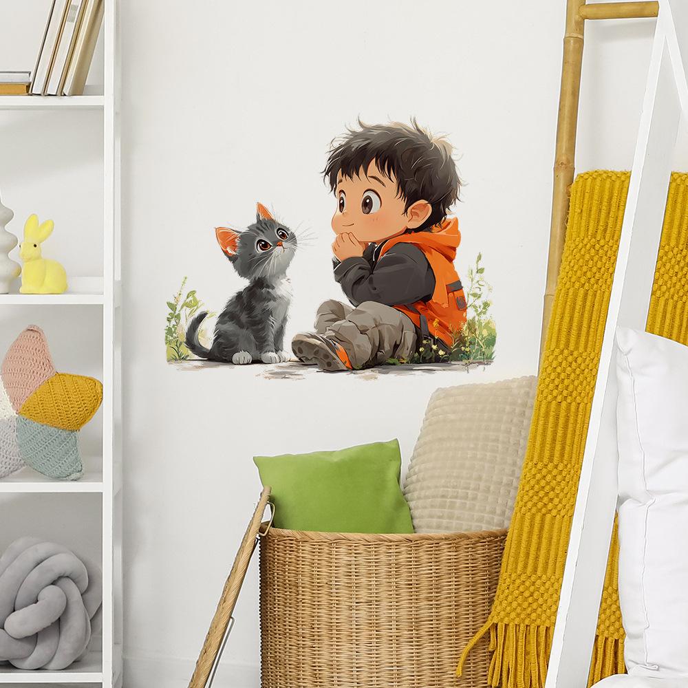 Cartoon Boy Cute Kitten Bedroom Living Room Home Background Beautification Decoration Wall Stickers
