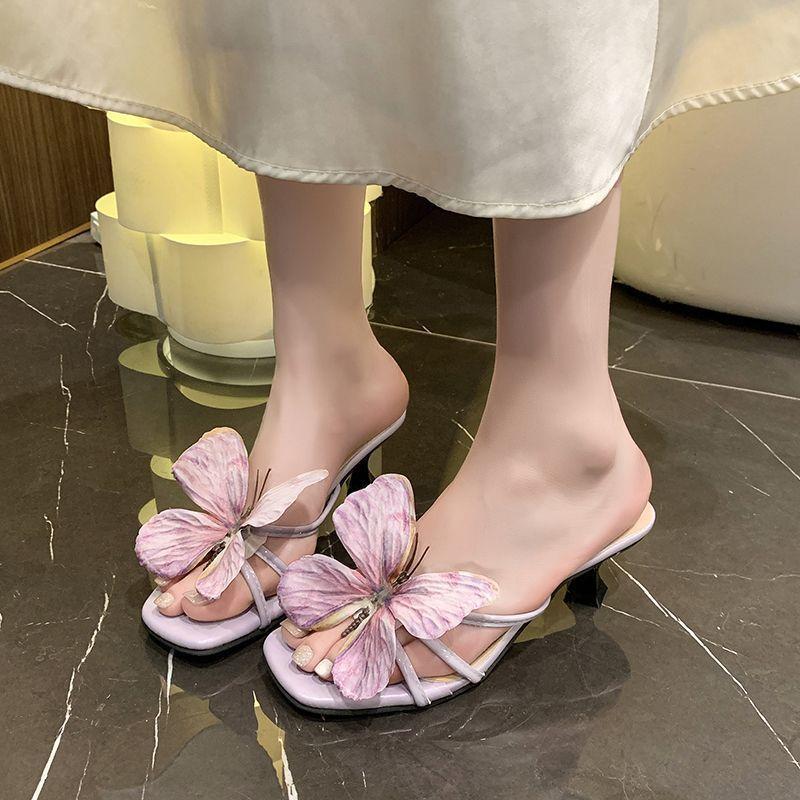 French Small Sandals Fashion Vacation High Heel Drag Niche Design Sense 2025 New Butterfly Thick Heel Shoes Women's Summer Wear
