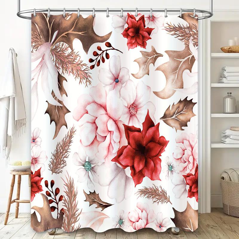 Luxury Floral Shower Curtain Waterproof Bathroom Decor Modern Design Red Poinsettia Green Flower Watercolor Print 72x84 Extra La