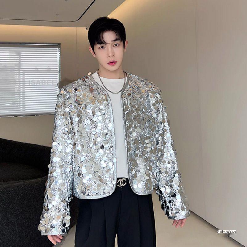 Men's Plus Size Shiny Sequin Performance Jacket Coat Cardigan