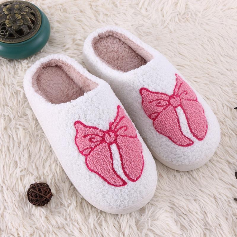 Women's Lovely Pretty Bow Flowers Slippers Men Cartoon Soft Warm Sandals Females Cute Plush  Flat Slides For Autumn Winter