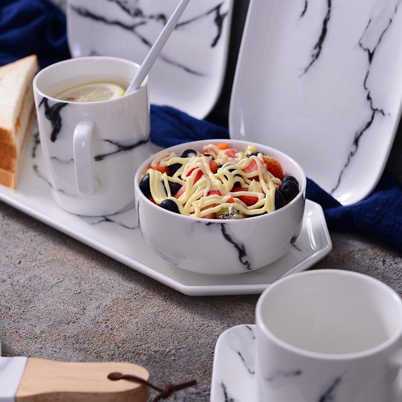 Set of 2pcs White Marbled Bowl Ceramic Rice Bowl Set Ramekin Bowl Breakfast Oatmeal Bowls 4.8 Inch Microwave Safe