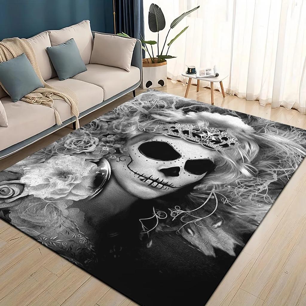 Covor Rug 3D Craniu Gotic Față Trandafir Femeie Desen Animat Groaznic pentru Sufragerie Dormitor Casă Decor Canapea, Covoraș de Podea Antiderapant pentru Copii
