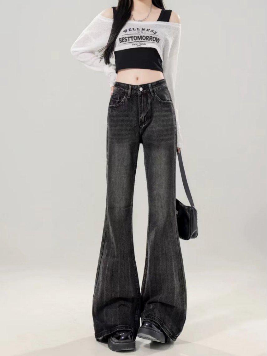 

Джинсы деним больших размеров с высокой посадкой, широкими штанинами, не прилегающие - Весенне-осенние микроклеш свободного кроя для женщин 3XL