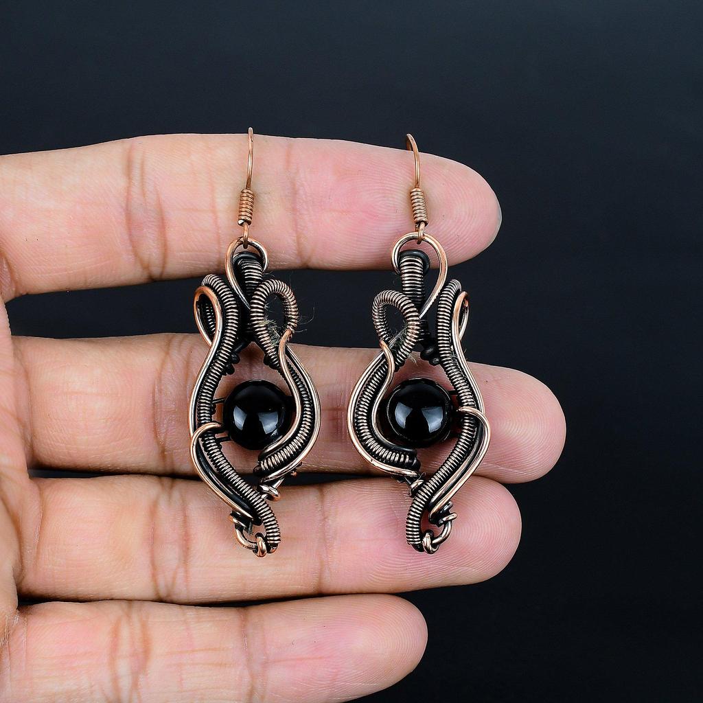 Black Onyx 999 Copper Wire Wrapped Earrings, Handmade Gemstone Jewelry Earrings For Memorial Day