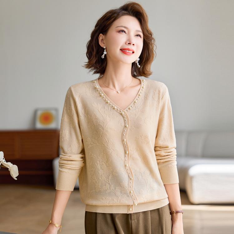 New Fashionable Mother Short-sleeved Top Middle-aged Women's Sweater Stand Collar Long-sleeved Women's Shirt Mother-in-law Base Shirt