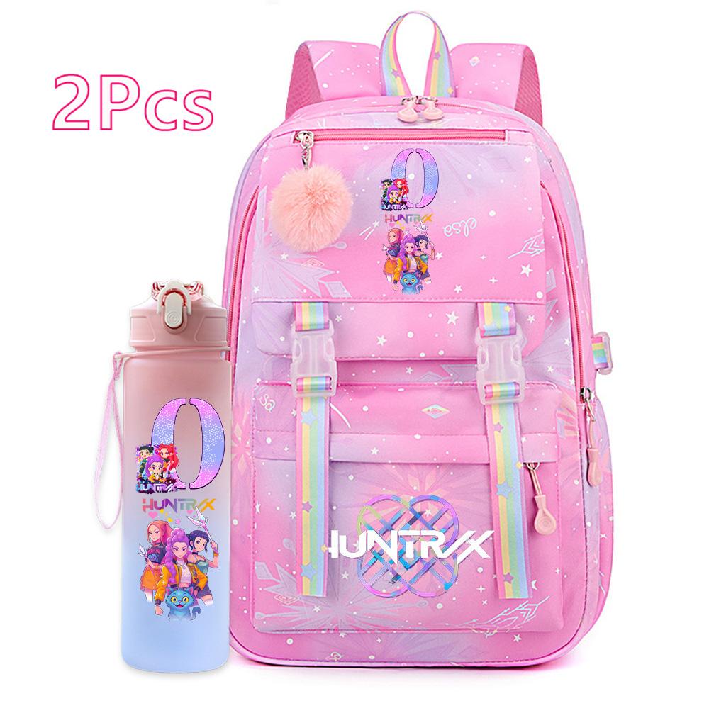 2 Stück/Set Ainme K-Pop Demon Hunters Rucksack mit englischem Buchstabenaufdruck mit Wasserflaschenhalter für Teenager Mädchen Jungen Schultasche Reisetasche