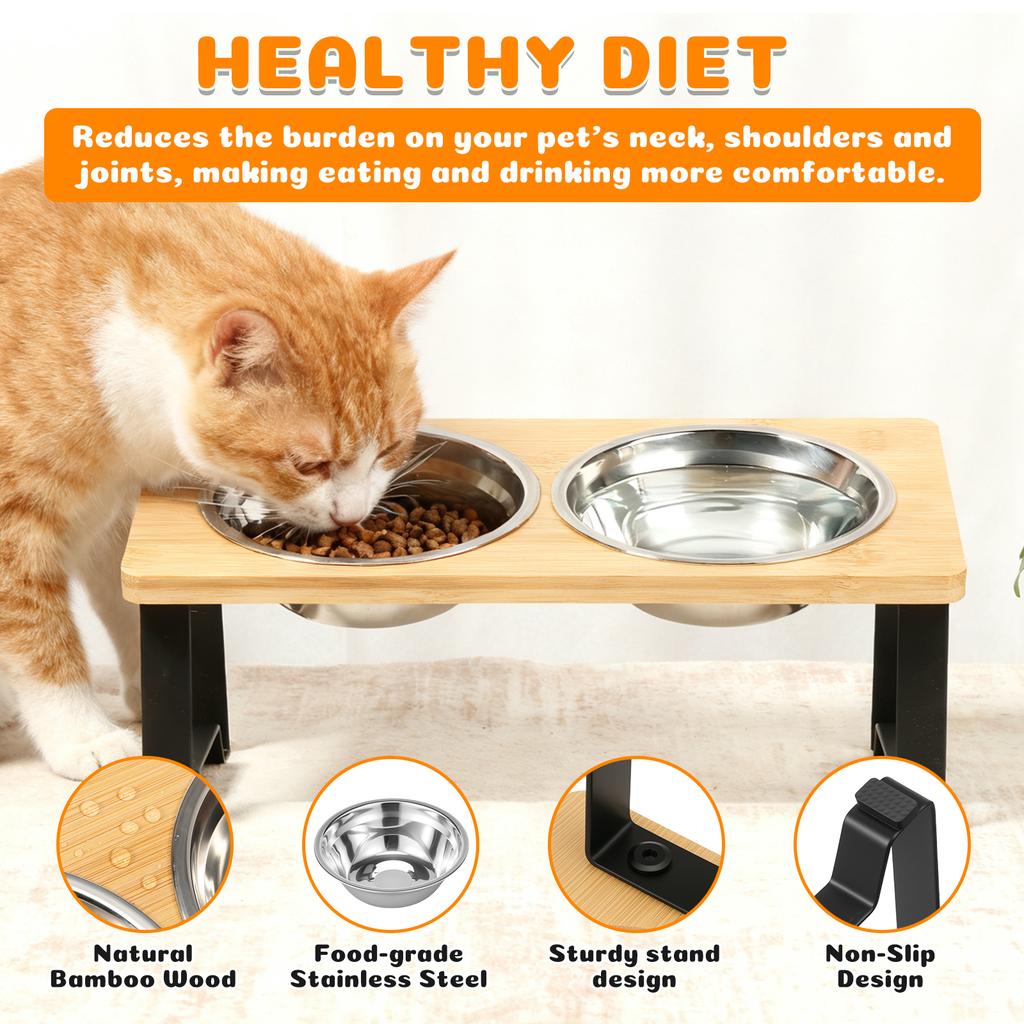 Elevated Cat Bowl Stand Anti Slip Bamboo Wood with 2 Stainless Steel Dish Water Feeding Rack Cat Food Dining Tables