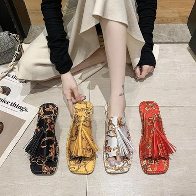 Fashion 2024 New Large Slippers Retro Printed Silk Square Head Flat Bottom Casual Cool Slippers Fairy Style Plus Size 40