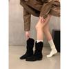 Grobe Ferse Khaki Wildleder Flor Mittlere Ritterstiefel Damenstiefel Saison Spitze V-Ausschnitt Skinny Kurze Stiefel