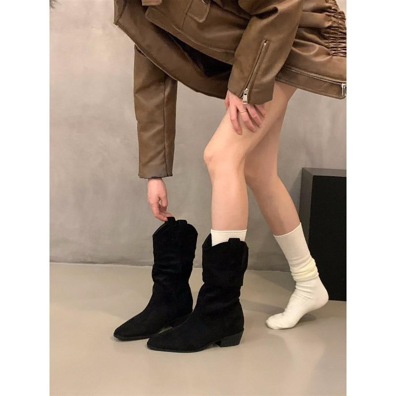 Grobe Ferse Khaki Wildleder Flor Mittlere Ritterstiefel Damenstiefel Saison Spitze V-Ausschnitt Skinny Kurze Stiefel