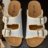 Cowhide version muffin thick-bottomed one-word slippers for women's summer wear summer cork beach cool slippers