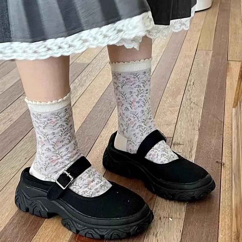 1/3 Purple Floral Socks Children's Middle Socks Autumn Cute White Bow Middle Socks Sweet Retro Lace Socks