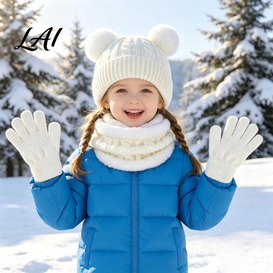 Five Finger Winter Gloves for Toddlers Kids Warm Knit Set Bear Ear Hat Fleece Lined Neck Gaiter & Weather Resistant Thermal Set Full Gloves,