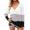 Women's Casual V-neck Fashion Colorblock Loose Pullover Long-sleeved Top