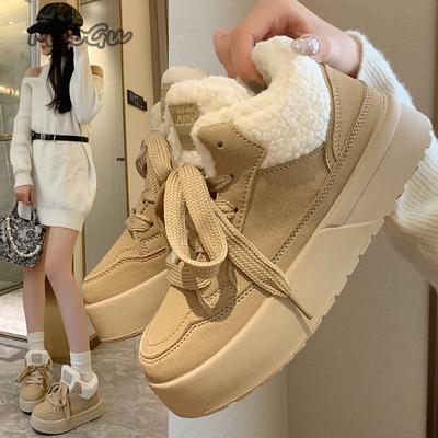 Platform Lace-Up Plush Cotton Shoes Women's Winter Outdoor Faux Fur Lined Thickened Anti-Slip Low Top Snow Boots Casual Sneakers