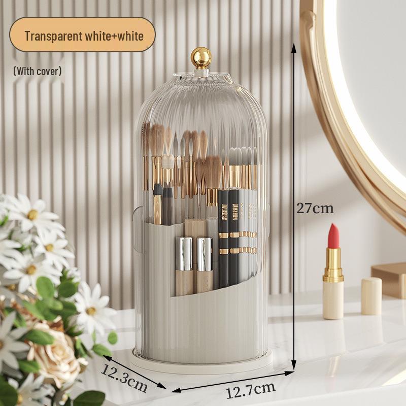 Rotating Transparent Desk Makeup Brush & Pen Organizer with Dustproof Push-Pull Lipstick Holder