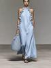 Women Sleeveless Halter Neck Maxi Dress with Ruffle Trim Light Blue Casual Beach Dress