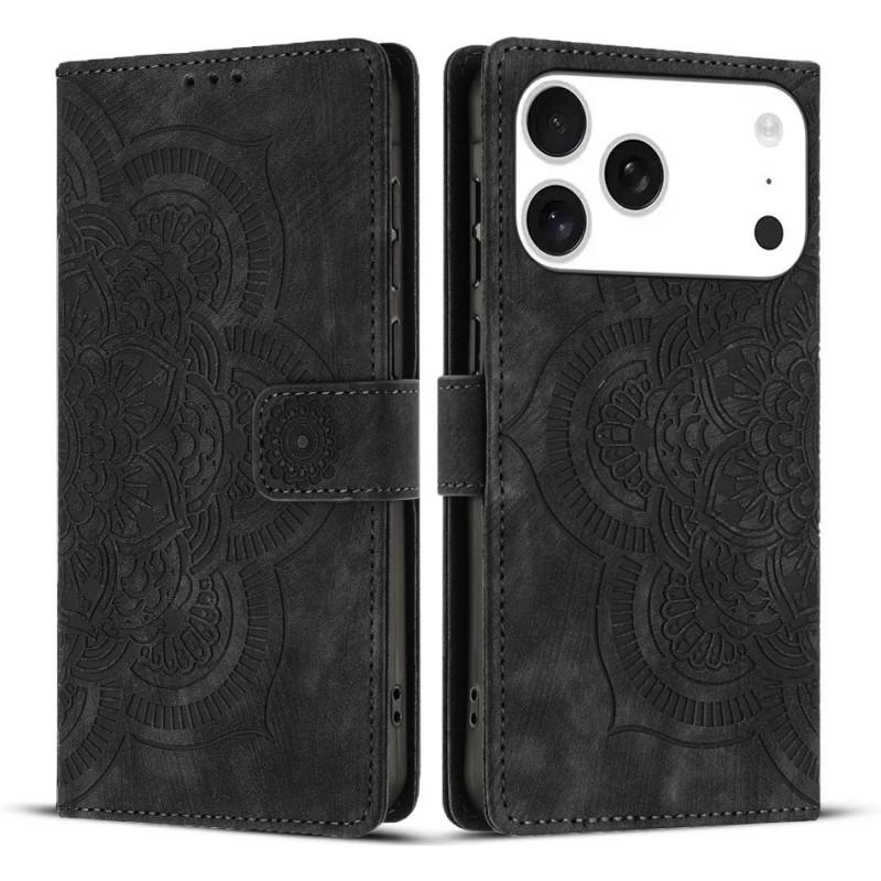 

For iPhone 17 Pro Leather Case WANLONFENG HDM Series Mandala Imprint Wallet Stand Phone Cover Black