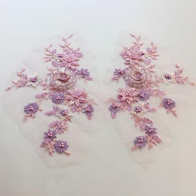 Pearl Stamen Floral Embroidered Patches Mesh Bottom Wedding Dress Stickers DIY Clothing Decoration