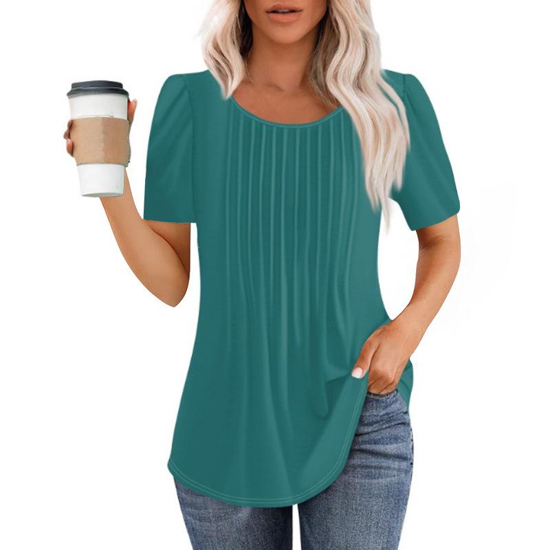 Neues plissee-Rundhals-Kurzarm-T-Shirt Damen-Oberteil Damenbekleidung