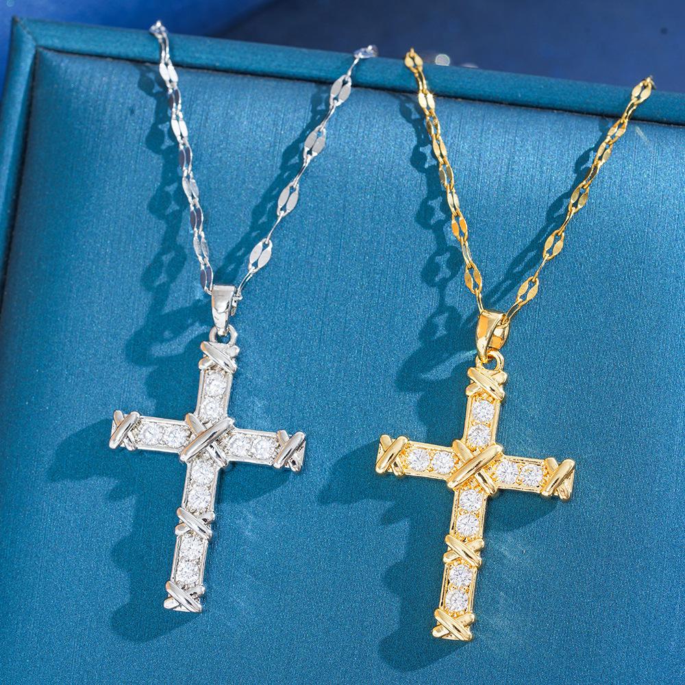 Gold Retro Zircon Cross Pendant Necklace - European & American Niche Design in Titanium Steel