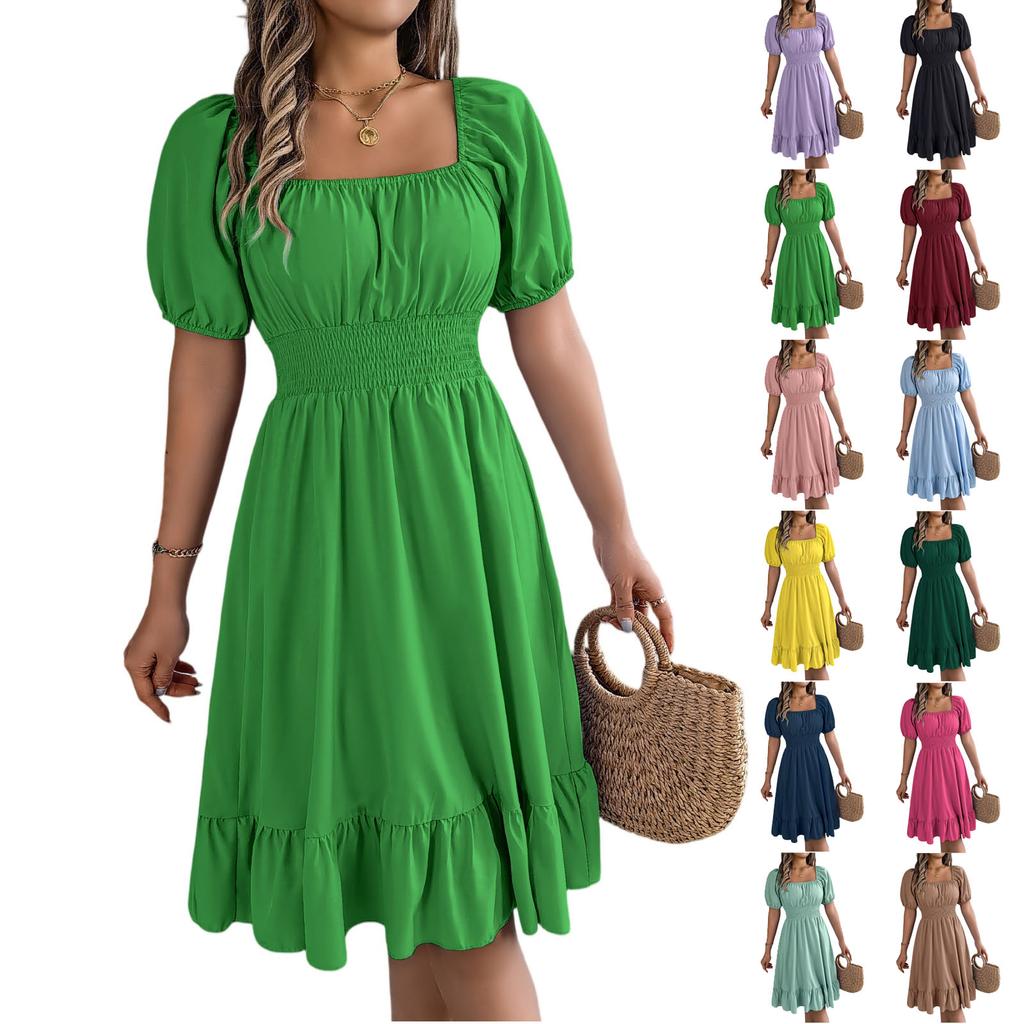 Women's Fashionable Retro Color Square Collar Fungus Hem Waist A-line Long Skirt Short-sleeved Dress