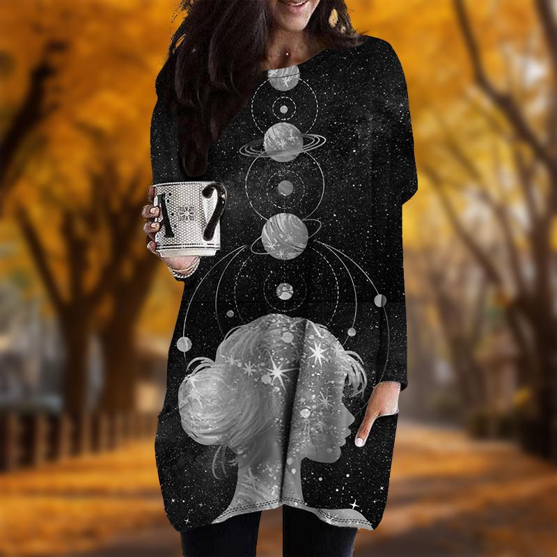 

Новинка осени Beauty Universe Print Plus Size Dress Women O neck Long Sleeves Casual Pocket Dresses 8XL чёрный