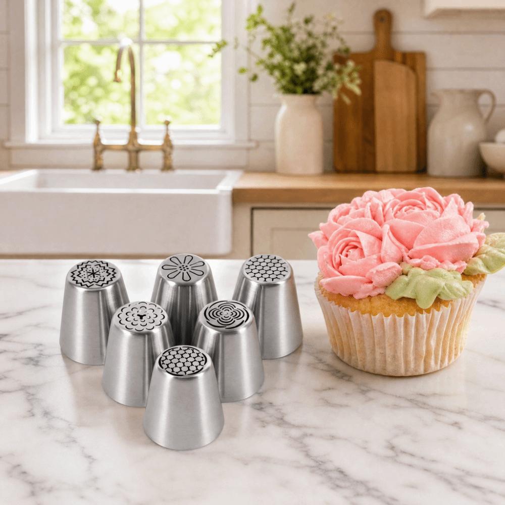 6psc Mounted Tip Piping Nozzle Set Cake Decorating Tips Cookie Icing Dessert Making