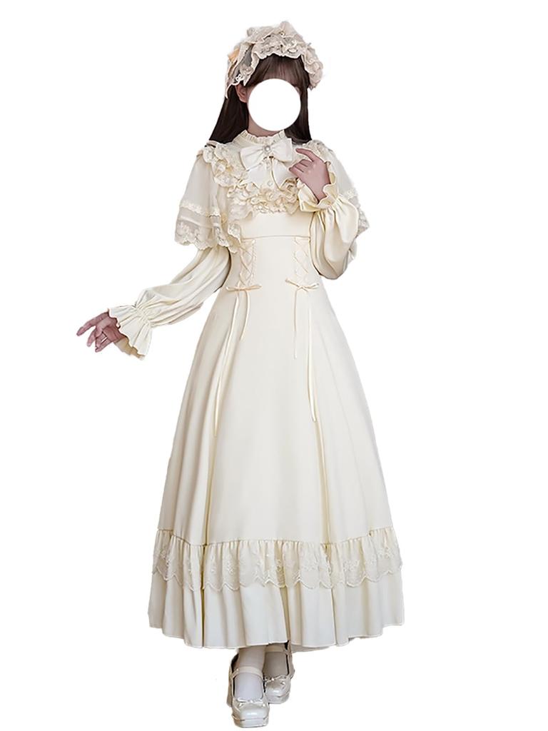 MODKOKU Gothic Lolita Neat and Ribbon Waist Ruffled Long Girly Halloween Long Size XL Cape-Style Dress, Women's, Style, Clean, Lace, Lace-Up Dress,