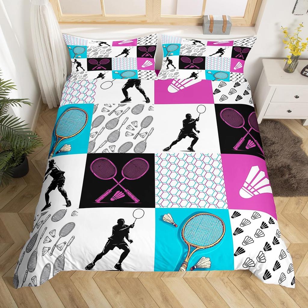 Badminton Duvet Cover Set Kids Badminton Sports Bedding Set Boys Girls Room Decor Ball Games Pattern Black Comforter Cover Sets