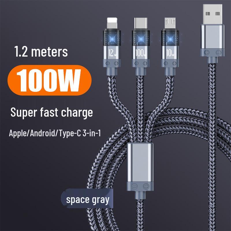 66W Type-C 3-in-1 Luminous Charging Cable, 3A Transparent Shell, Fast Charge
