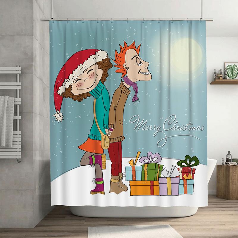 

Tu Christmas Shower Curtain Festive Holiday Decor Winter Village Scene Gift Box Pattern Bathroom Decor Home Textile Xmas Gift W60H190(CM)-1 Pcs