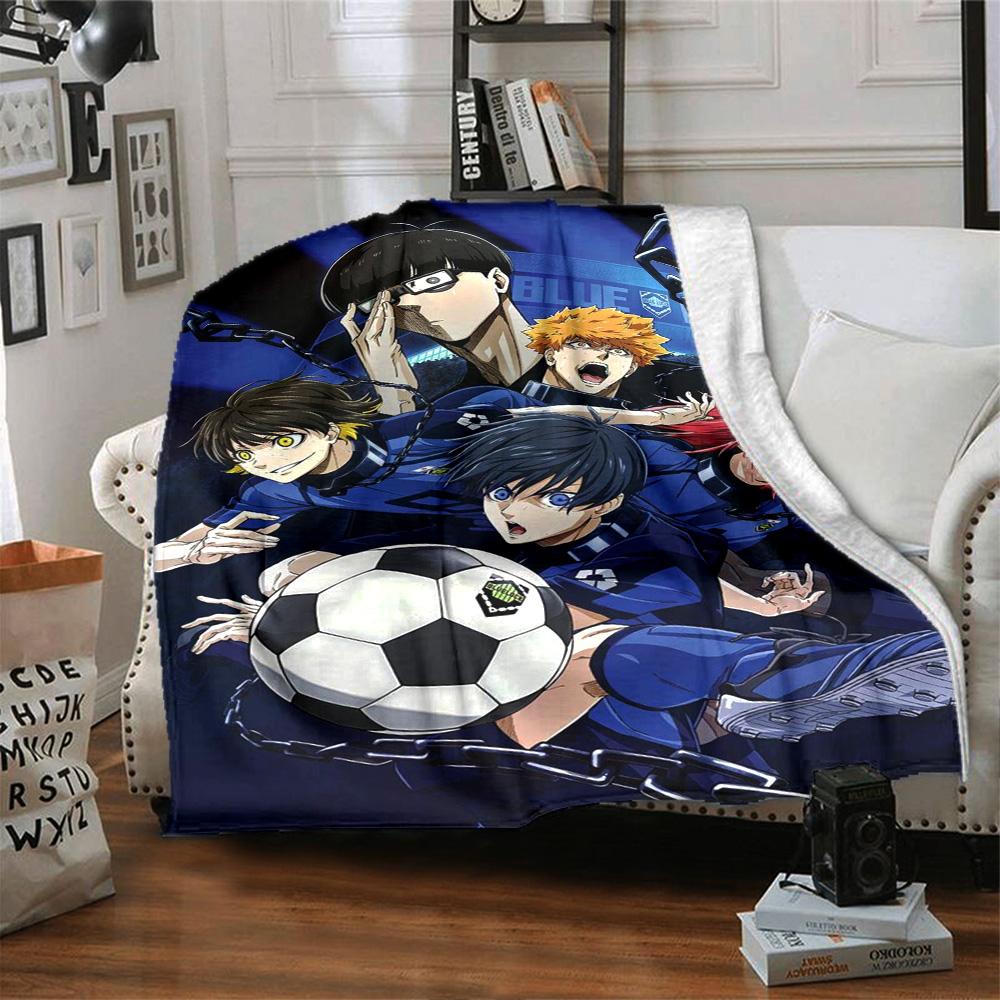 Blue Lock Anime Football Team Character Collage Print Flannel Blanket Dark Blue Chain Background Soft Throw Blanket Anime Fan Decor