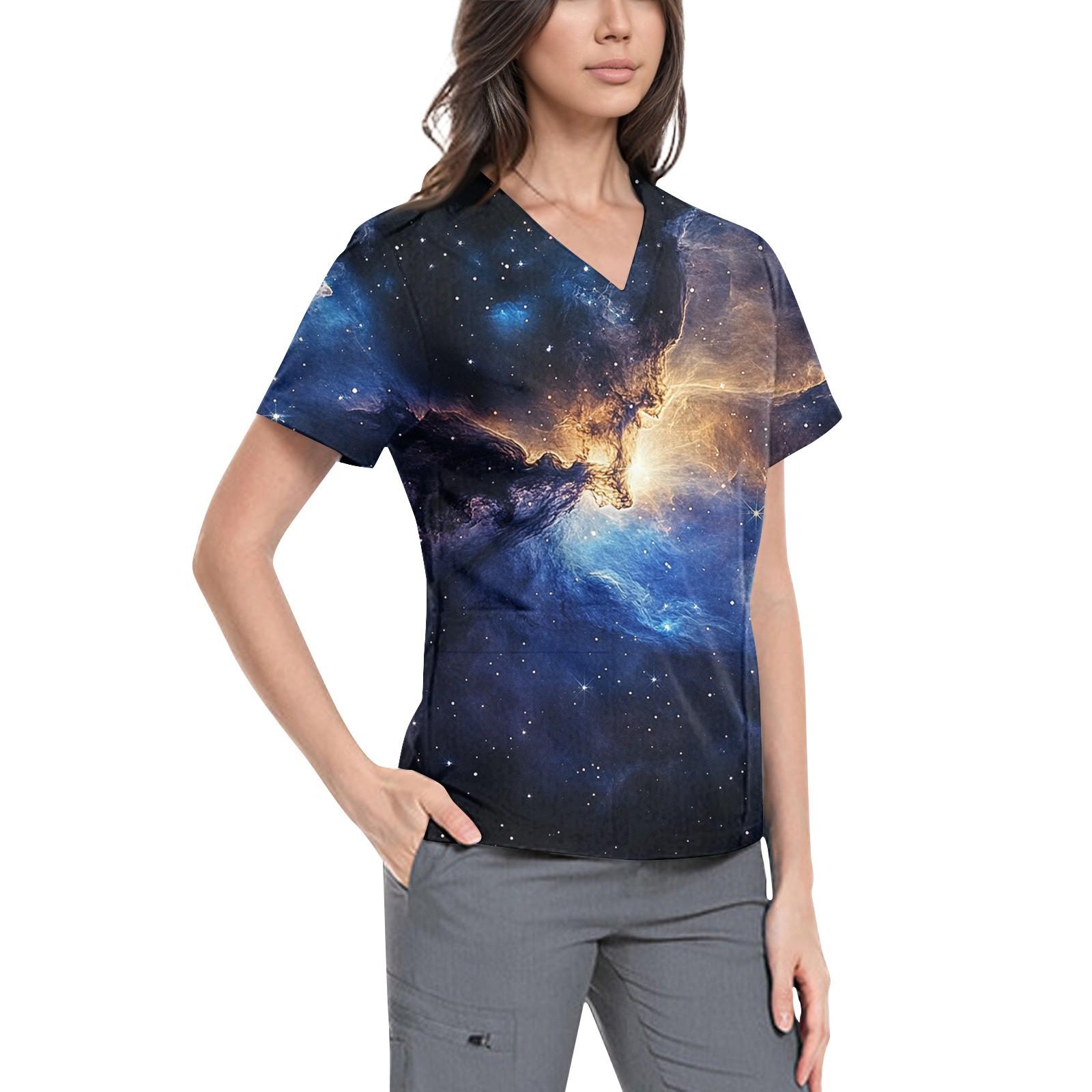 

Жіночий симпатичний робочий одяг з принтом, V-подібним вирізом, двошарові кишені, базовий пуловер з короткими рукавами M Темно-синій