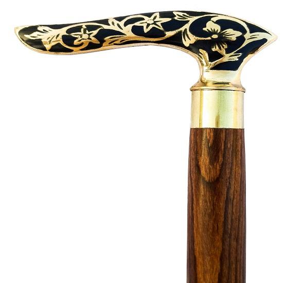 Nautical Antique Brass Marine With Beautiful Designer Engraved Wood Handle Folding Walking Stick-