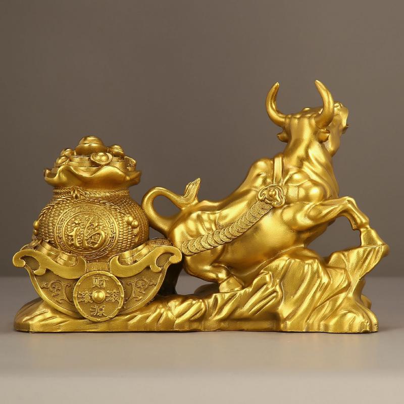 Pure Copper Ox Pulling Treasure Basin Ornament Golden Ox Bringing Wealth Ox Pulling Cart Zodiac Ox Living Room Office Decoration