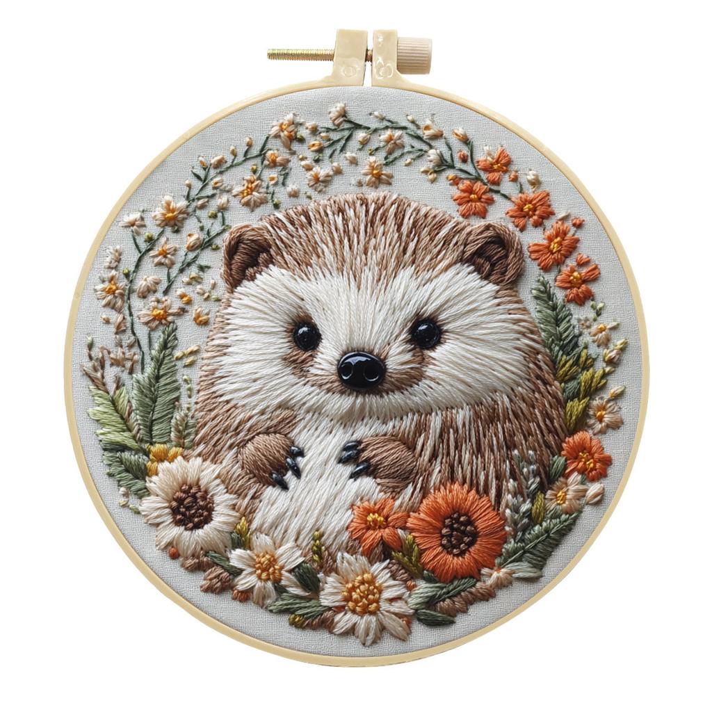 1pc Hedgehog and Flower Pattern Embroidery DIY Fabric Craft Kit with Tools