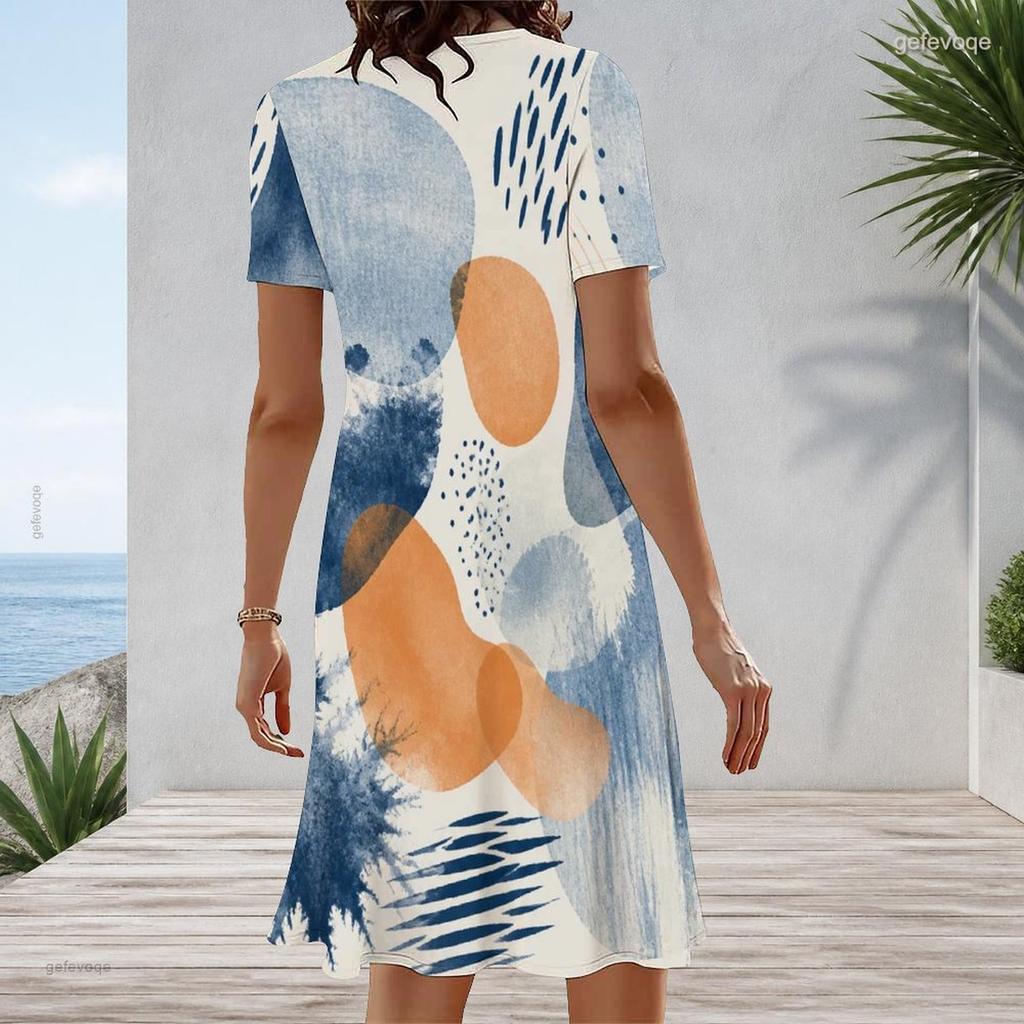 Women Plus Size Round Neck Short Sleeve Printed A Line Dress White Blue Mint