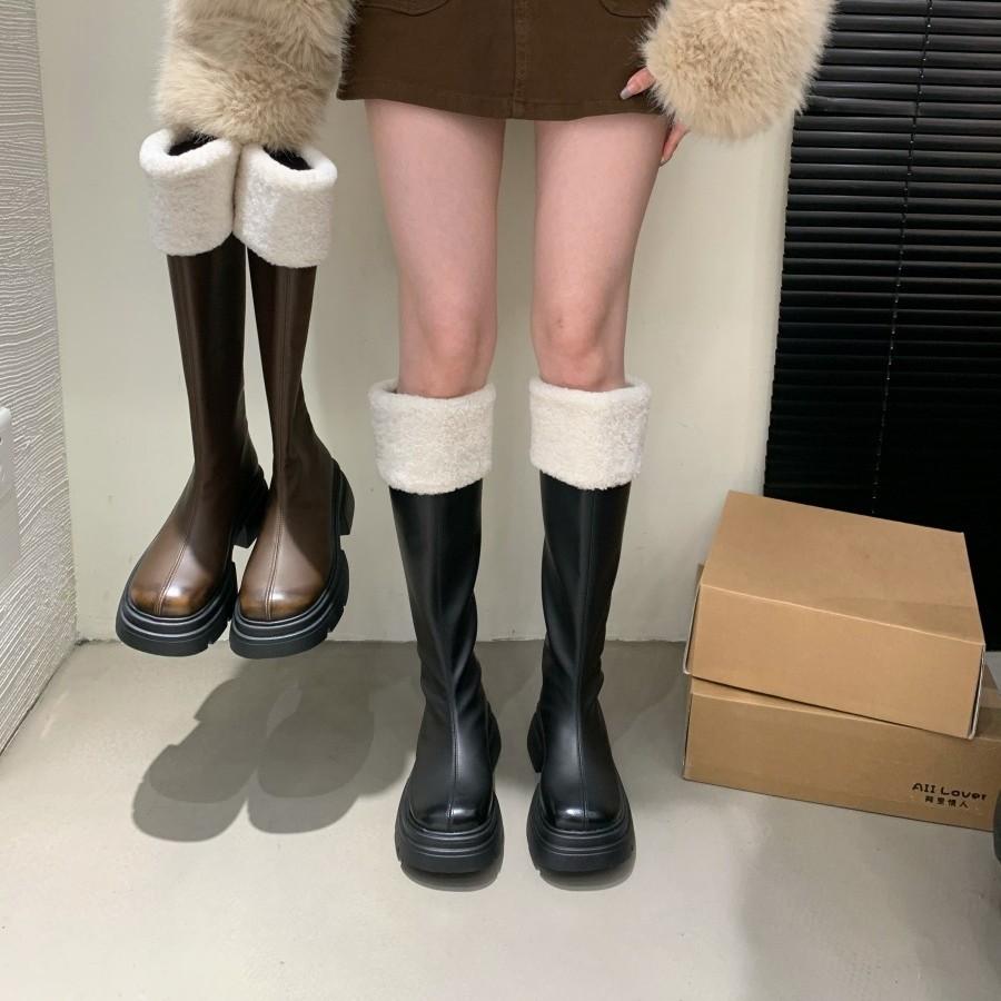 Boots for Women~ Autumn and Winter New Round Head Plush Thick-soled White Boots Medium Long Knight Boots for Women