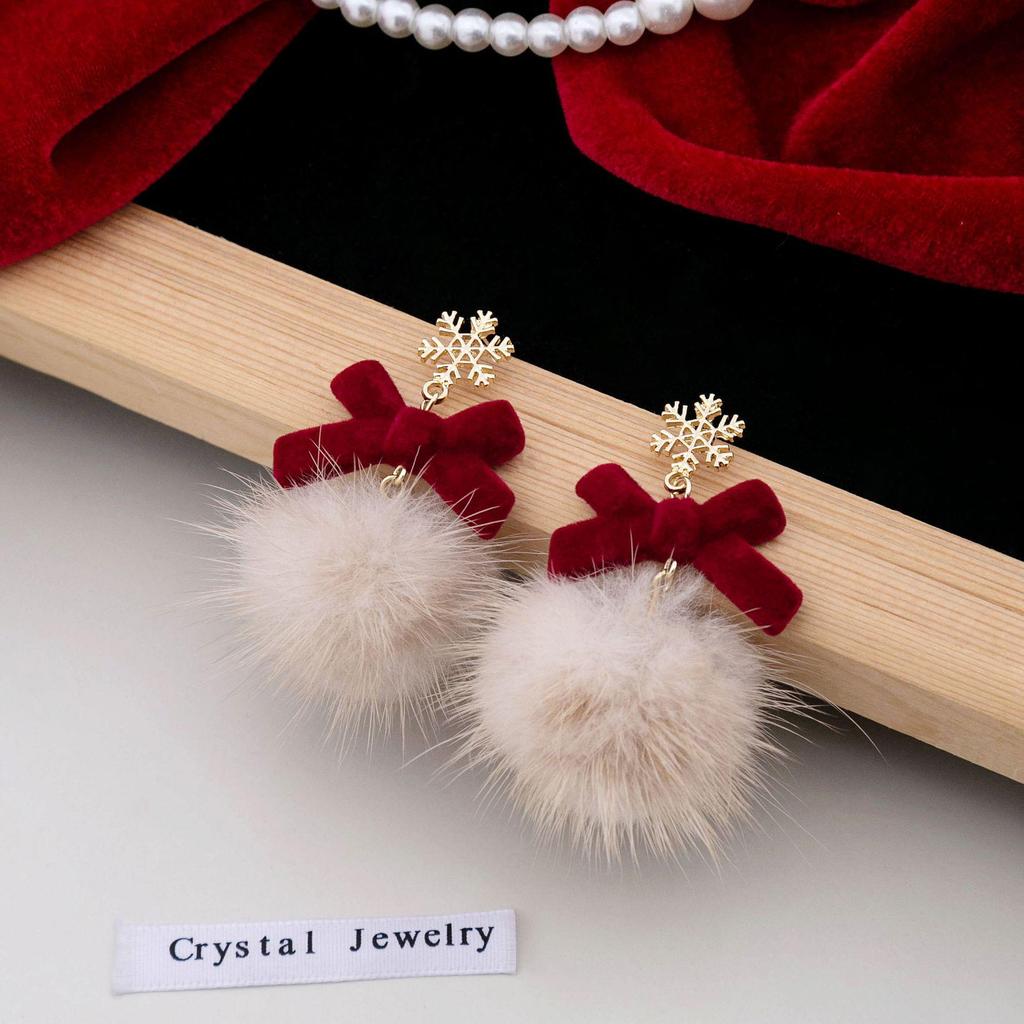Wine Red Bow & Snowflake Fur Ball Tassel Earrings for Women - Winter Collection