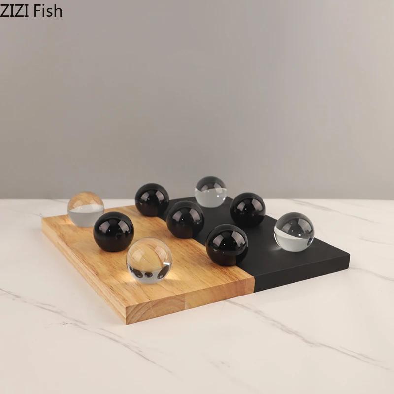 Minimalism Tic-Tac-Toe Game Wood Chessboard Geometric Artwork Ornaments Desk Decoration Crystal Chess Pieces Casual Chess Games
