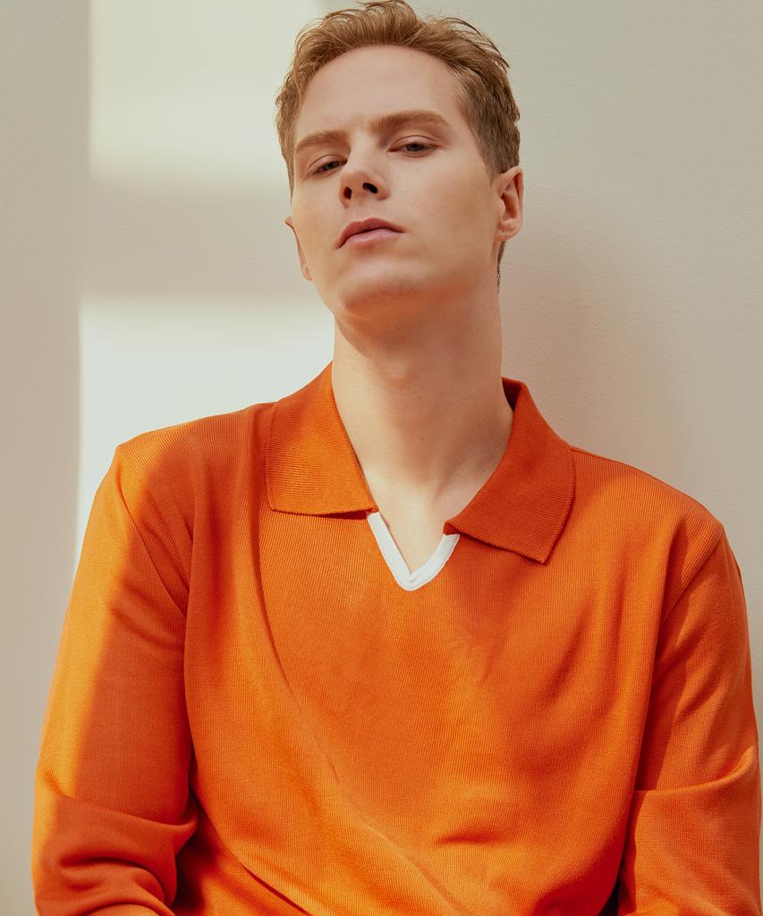 DEVERRMAN V-Neck Contrast Polo Knit (Orange)